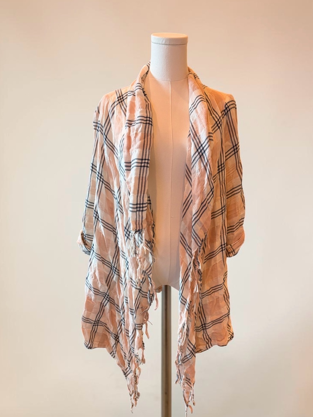 Light Peach Plaid Draped Open Front Lightweight Cardigan